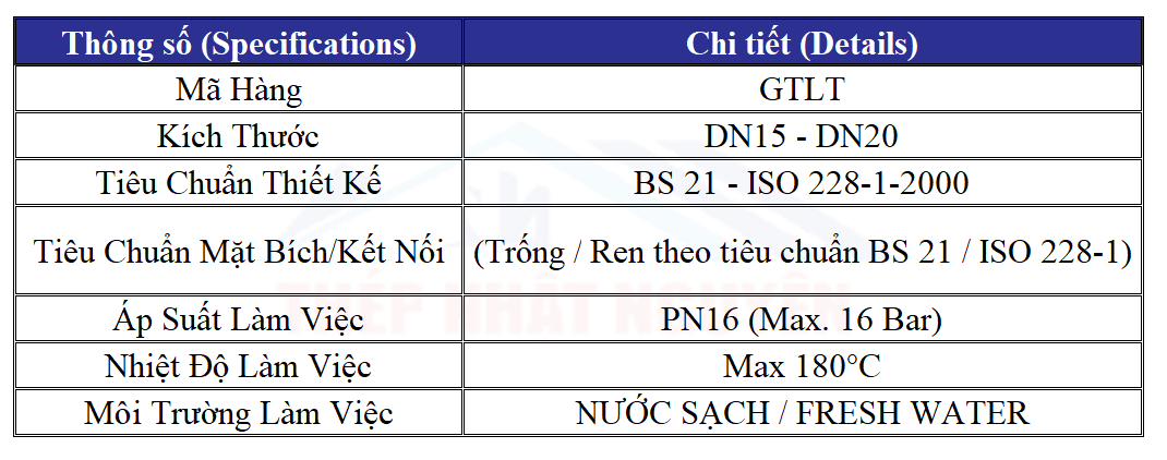 Thông số kỹ thuật van vòi đồng